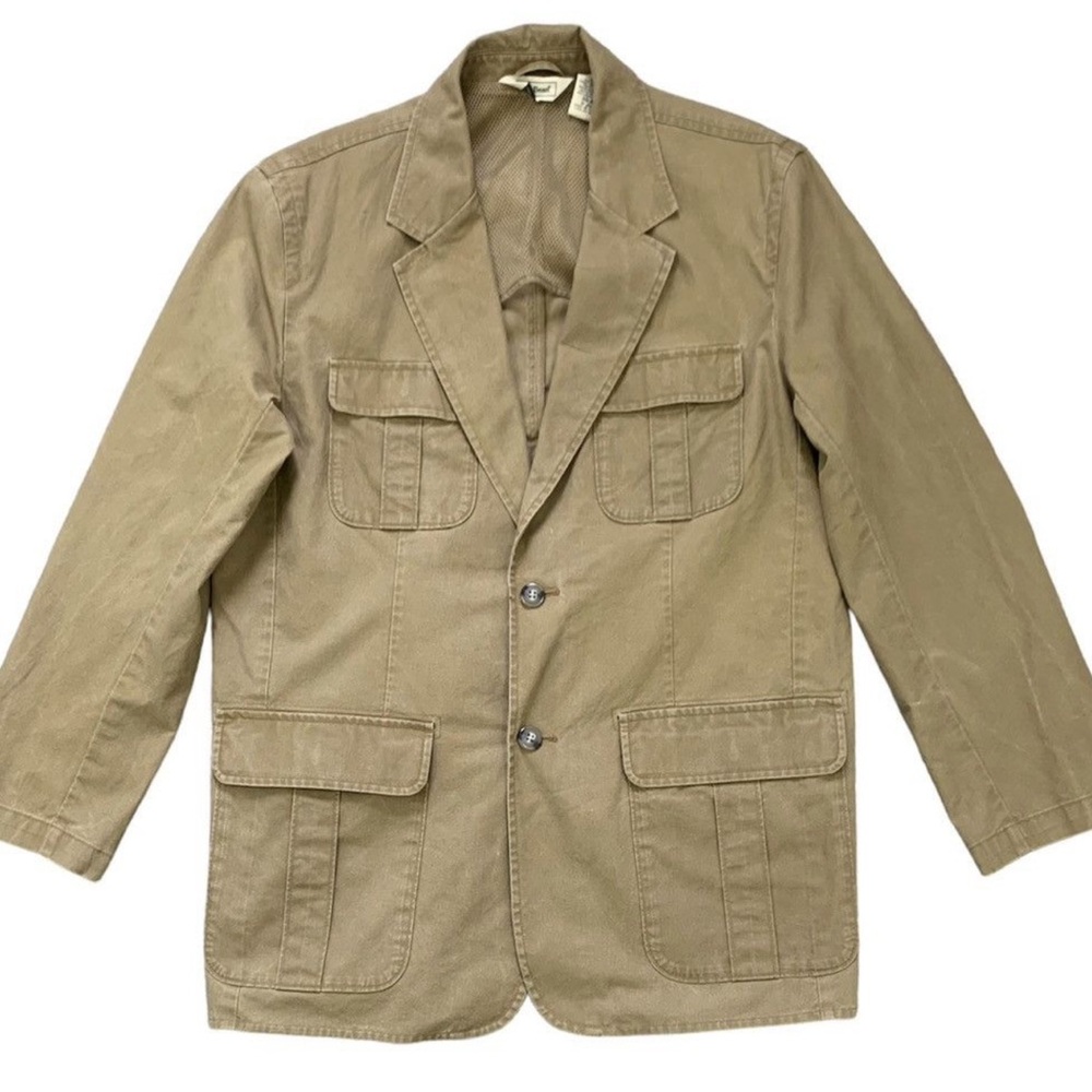 L.L. Bean Safari Field Jacket Pockets Elbow Patch Tan Neutral Khaki VTG Mens LG